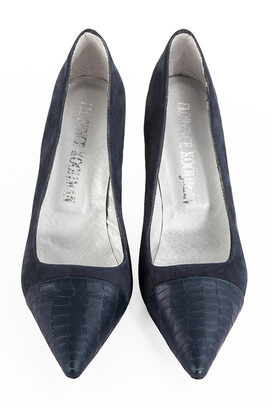 Navy blue women's dress pumps,with a square neckline. Pointed toe. High slim heel. Top view - Florence KOOIJMAN